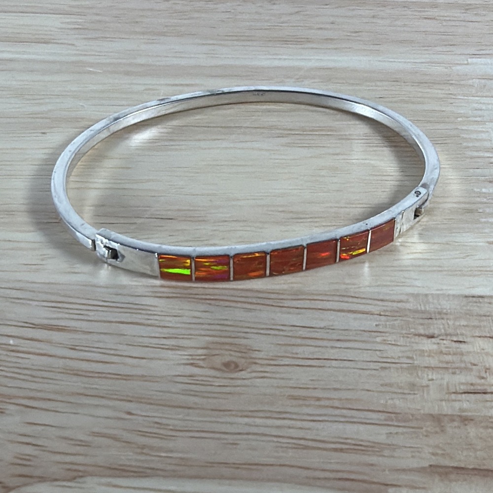 Vintage Sterling Silver Mexico Orange Opal Inlay Bracelet Hinged Bangle 16g